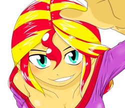 Size: 1480x1280 | Tagged: safe, alternate version, artist:batipin, sunset shimmer, equestria girls, g4, breasts, busty sunset shimmer, cleavage, female, looking at you, simple background, solo, transparent background