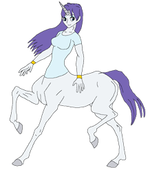 Size: 754x866 | Tagged: safe, alternate version, artist:cdproductions66, artist:nypd, rarity, centaur, monster girl, anthro, g4, alternate hairstyle, base used, blue eyes, bracelet, breasts, busty rarity, centaurified, centaurity, clothes, eyeshadow, female, hooves, horn, human head, jewelry, long hair, makeup, missing cutie mark, purple hair, raised hooves, reasonably sized breasts, shirt, short sleeves, simple background, solo, transparent background, unicorn horn, unitaur