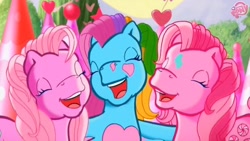 Size: 1280x720 | Tagged: safe, screencap, minty, pinkie pie (g3), rainbow dash (g3), earth pony, pony, a very pony place, g3, positively pink, covered in paint, eyes closed, female, heart, laughing, laughingmares.jpg, paint, party, party cake place, pink minty, pink paint, pink rainbow dash, smiling, trio, trio female