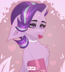 Size: 1800x2000 | Tagged: safe, artist:villjulie, starlight glimmer, pony, unicorn, g4, chest fluff, choker, heart, heart eyes, jewelry, lidded eyes, mouth hold, present, solo, wingding eyes