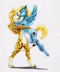 Size: 3182x3852 | Tagged: safe, artist:joestick, editor:vedont, oc, oc only, oc:beaky, oc:brave blossom, cheetah, griffon, pegasus, pony, semi-anthro, fanfic:yellow feathers, beak, colored, female, high res, hug, kissing, male, mother and child, mother and son, wings