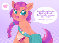 Size: 2235x1634 | Tagged: safe, artist:adostume, sunny starscout, earth pony, pony, g4, g5, adorkable, badge, bag, blushing, braid, coat markings, cute, cutie mark, dork, eyelashes, female, fluffy, fluttershy's cutie mark, heart, in-universe pegasister, looking at you, mare, markings, one leg raised, pin, rainbow dash's cutie mark, raised hoof, satchel, shoulder bag, simple background, sitting, smiling, socks (coat markings), solo, speech bubble, sunny's bag, sunnybetes, talking to viewer, teeth, tongue out, twilight sparkle's cutie mark, unshorn fetlocks
