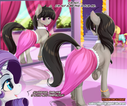 Size: 1000x840 | Tagged: safe, alternate version, artist:alcor, octavia melody, rarity, earth pony, pony, unicorn, g4, clothes, curtains, dialogue, dock, ear piercing, earring, female, frog (hoof), jewelry, mare, mirror, open mouth, piercing, raised hoof, stairs, text, underhoof
