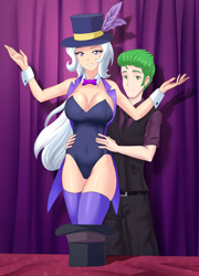Size: 1280x1773 | Tagged: safe, artist:thebrokencog, spike, trixie, human, bow, bowtie, breasts, busty trixie, cleavage, clothes, corset, curtains, feather, female, grin, hat, holding, humanized, leotard, male, necktie, older, older spike, pants, shirt, smiling, socks, suit, teeth, thigh highs, top hat, wrist cuffs