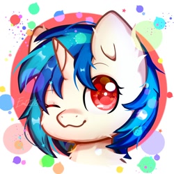 Size: 2000x2000 | Tagged: safe, artist:emy12126, artist:emyjk, dj pon-3, vinyl scratch, pony, unicorn, g4, abstract background, bust, chest fluff, chibi, colored pupils, cute, deviantart watermark, female, head only, high res, mare, missing accessory, obtrusive watermark, one eye closed, portrait, smiling, solo, starry eyes, vinylbetes, watermark, wingding eyes, wink