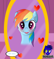 Size: 3840x4154 | Tagged: safe, artist:damlanil, rainbow dash, pegasus, pony, g4, 20% cooler, blushing, carousel boutique, comic, cute, dashabetes, female, happy, heart, heart eyes, looking at you, mare, mirror, open mouth, simple background, smiling, text, vector, wingding eyes, wings