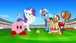 Size: 960x540 | Tagged: safe, artist:mariorobles2, rarity, trixie, puffball, g4, king dedede, kirby, kirby (series), vs