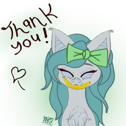 Size: 999x999 | Tagged: safe, artist:umbrapone, oc, oc only, oc:night shine, bat pony, pony, banana, bat pony oc, chest fluff, fangs, food, green mane, hair bow, happy, heart, herbivore, solo, text, thank you