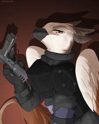 Size: 960x1200 | Tagged: safe, artist:margony, oc, oc only, griffon, armor, beak, commission, digital art, griffon oc, gun, handgun, looking at you, male, simple background, sitting, solo, tail, wings