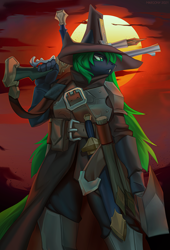 Size: 1022x1504 | Tagged: safe, artist:margony, oc, oc only, earth pony, anthro, armor, clothes, commission, digital art, fangs, gun, hat, male, rifle, solo, sunset, sword, tail, vampire hunter, warhammer (game), weapon