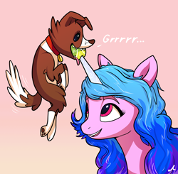 Size: 2250x2204 | Tagged: safe, artist:docwario, izzy moonbow, winona, dog, pony, unicorn, g4, g5, ball, biting, collar, cute, dialogue, drool, female, gradient background, growling, grrrr, high res, horn, horn guard, horn impalement, hornball, izzy's tennis ball, mare, noise, open mouth, pink background, sharp teeth, simple background, smiling, tail, teeth, tennis ball, tongue out