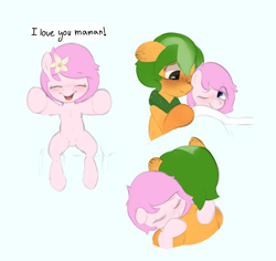 Size: 4702x4438 | Tagged: safe, artist:parfait, oc, oc only, oc:kayla, oc:papaya, earth pony, pony, bed, blushing, cute, dialogue, female, filly, flower, flower in hair, freckles, hug, mother and child, mother and daughter, simple background, solo, tucking in, white background