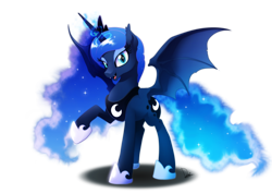 Size: 3507x2480 | Tagged: safe, artist:dormin-dim, princess luna, alicorn, bat pony, bat pony alicorn, pony, g4, bat ponified, bat wings, blue eyes, blue mane, blue tail, colored pupils, commission, crown, ethereal mane, female, flowing mane, flowing tail, glowing, glowing horn, high res, hoof shoes, horn, jewelry, looking at you, lunabat, magic, open mouth, race swap, regalia, signature, simple background, smiling, smiling at you, solo, spread wings, starry mane, starry tail, tail, transparent background, wings