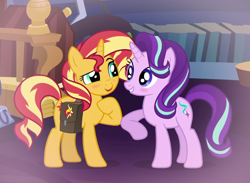 Size: 1314x961 | Tagged: safe, artist:jadeharmony, edit, edited screencap, screencap, starlight glimmer, sunset shimmer, pony, unicorn, equestria girls, equestria girls specials, g4, mirror magic, bag, blushing, book, cropped, duo, duo female, female, grin, lesbian, looking at each other, mare, open mouth, raised hoof, saddle bag, ship:shimmerglimmer, shipping, smiling, teeth, twilight's castle