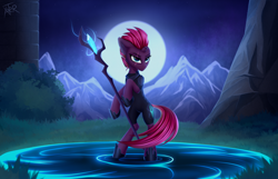 Size: 2644x1704 | Tagged: safe, artist:xanter, tempest shadow, pony, unicorn, semi-anthro, g4, arm hooves, armor, clothes, cute, female, grass, high res, horn, magic, mare, moon, mountain, night, rock, solo, staff, staff of sacanas