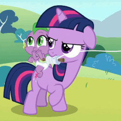 Size: 250x250 | Tagged: safe, edit, screencap, spike, twilight sparkle, dragon, pony, unicorn, g4, season 9, sparkle's seven, angry, animated, baby, baby dragon, baby spike, covering mouth, cropped, cute, dragons riding ponies, female, filly, filly twilight sparkle, flashback, floppy ears, gif, giggling, grumpy, i watch it for the ears, kite, loop, mare, mouth hold, perfect loop, reversed, riding, spikabetes, spike riding twilight, twiabetes, unamused, unicorn twilight, younger