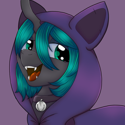 Size: 1200x1200 | Tagged: safe, artist:thatfamouspony, oc, oc only, oc:ichora, changeling, bell, bell collar, cat bell, changeling oc, clothes, collar, fangs, female, hoodie, horn, jingle bells, looking at you, open mouth, purple background, simple background, solo, teeth