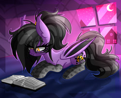 Size: 1630x1320 | Tagged: safe, artist:lady lullaby star, oc, oc only, oc:midnight oil, bat pony, pony, bat pony oc, bat wings, bed, book, clothes, crescent moon, eyelashes, fangs, female, glasses, lying down, mare, moon, nerd, night, socks, solo, stars, window, wings