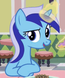 Size: 518x621 | Tagged: safe, edit, edited screencap, screencap, minuette, pony, unicorn, amending fences, g4, season 5, animated, aweeg*, cropped, cute, donut, eating, female, food, gif, herbivore, looking at you, loop, magic, magic aura, mare, minubetes, nose wrinkle, perfect loop, puffy cheeks, reversed, scrunchy face, smiling, solo focus, table, telekinesis