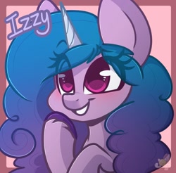 Size: 1242x1220 | Tagged: safe, artist:sakukitty, izzy moonbow, pony, unicorn, g5, blushing, colored pupils, cute, eye clipping through hair, eyelashes, female, grin, izzybetes, mare, simple background, smiling, solo, teeth, text, unshorn fetlocks