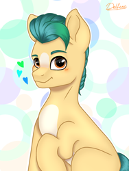 Size: 768x1024 | Tagged: safe, artist:delfinaluther, hitch trailblazer, earth pony, pony, g5, abstract background, blaze (coat marking), blushing, coat markings, facial markings, heart, looking at you, male, pale belly, raised hoof, signature, sitting, smiling, solo, stallion