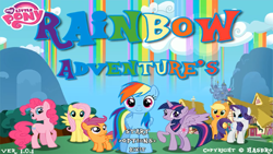 Size: 1280x720 | Tagged: safe, artist:[j.b.m], applejack, fluttershy, pinkie pie, rainbow dash, rarity, scootaloo, twilight sparkle, alicorn, earth pony, pegasus, pony, unicorn, g4, .exe, creepypasta, female, filly, rainbow adventures, rainbow.exe, screenshots, smiling, title screen, twilight sparkle (alicorn)