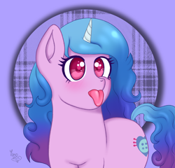 Size: 4396x4228 | Tagged: safe, artist:yumomochan, izzy moonbow, pony, unicorn, g5, :p, abstract background, absurd resolution, blushing, female, horn, mare, purple background, silly face, simple background, solo, tongue out