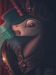 Size: 1626x2160 | Tagged: safe, alternate version, artist:dreamyskies, derpibooru exclusive, princess celestia, alicorn, pony, g4, blood, bust, claws, creepy, dark, dark background, eerie, gritted teeth, horror, jewelry, looking at you, nightmare fuel, portrait, regalia, scary, scary face, solo