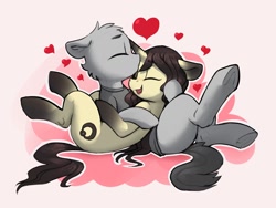 Size: 2000x1500 | Tagged: safe, artist:dimfann, oc, oc:dim, oc:sylvine, earth pony, pony, unicorn, eyes closed, heart, kissing, lying down, on back