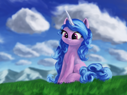 Size: 4000x3000 | Tagged: safe, artist:flusanix, izzy moonbow, pony, unicorn, g5, cloud, cute, female, grass, high res, izzybetes, mare, mountain, sitting, sky, smiling, solo, unshorn fetlocks