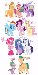 Size: 4496x8821 | Tagged: safe, artist:chub-wub, applejack, fluttershy, hitch trailblazer, izzy moonbow, pinkie pie, pipp petals, rainbow dash, rarity, spike, sunny starscout, twilight sparkle, alicorn, dragon, earth pony, pegasus, pony, unicorn, g4, g5, spoiler:g5, absurd resolution, applejack's hat, book, cowboy hat, cute, dialogue, female, floppy ears, g4 to g5, hat, hilarious in hindsight in the comments, izzy and her heroine, looking at each other, magic, male, mane seven, mane six, mare, one eye closed, open mouth, pipp is tall, raised hoof, red eyes, red-eyed pipp, simple background, skinny pipp, smoldash, stallion, sunny and her heroine, sweat, tail, telekinesis, twilight sparkle (alicorn), unshorn fetlocks, white background, winged spike, wings, wink