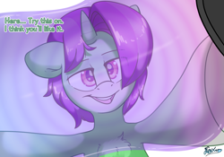 Size: 5000x3500 | Tagged: safe, artist:fluffyxai, oc, oc only, oc:crescent star, crystal pony, crystal unicorn, pony, unicorn, accessory, commission, fetish, grin, hypnogear, hypnosis, hypnosis fetish, interaction, looking at you, offscreen character, pov, smiling, smirk, speech, submissive pov, talking, talking to viewer, visor