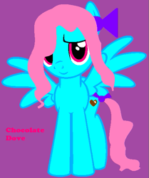 Size: 443x530 | Tagged: safe, artist:drugzrbad, artist:sparklecat16, oc, oc:chocolate dove, pegasus, pony, g4, base used, bow, cutie mark, female, hair bow, mare, pegasus oc, pink text, purple background, simple background, smiling, tail bow, text