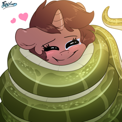 Size: 4000x4000 | Tagged: safe, alternate version, artist:fluffyxai, oc, oc only, oc:aripegio del mandolino, oc:melyssa, lamia, original species, pony, unicorn, absurd resolution, blushing, coiling, coils, cuddling, cute, eyes closed, heart, hug, hugging a pony, smiling, squishy, wrapped up