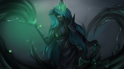 Size: 1920x1080 | Tagged: source needed, safe, artist:cottonaime, queen chrysalis, changeling, changeling queen, anthro, g4, choker, clothes, dress, female, league of legends, lidded eyes, looking at you, solo, sword, weapon