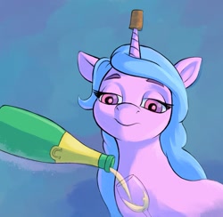 Size: 1027x1004 | Tagged: safe, artist:escapist, izzy moonbow, pony, unicorn, g5, bottle, colored pupils, cork, drink, female, glass, horn, horn guard, horn impalement, izzy impaling things, lidded eyes, mare, simple background, solo