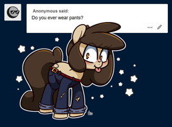 Size: 1625x1204 | Tagged: safe, artist:lou, oc, oc only, oc:louvely, earth pony, pony, clothes, dog pants, looking at you, pants, solo, stars, tongue out, tumblr