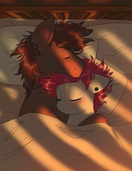 Size: 2192x2848 | Tagged: safe, artist:klooda, oc, oc:brewer, oc:noble brew, oc:rose red, earth pony, pony, bed, bedroom, bedsheets, commission, couple, crepuscular rays, cuddling, cute, daaaaaaaaaaaw, ear piercing, earring, earth pony oc, eyes closed, female, floppy ears, high res, hug, jewelry, male, mare, morning, open mouth, piercing, pillow, sleeping, smiling, stallion, ych result