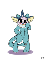 Size: 1000x1300 | Tagged: safe, artist:skoon, edit, oc, oc only, oc:red pill, pony, unicorn, vaporeon, bipedal, blushing, clothes, colored, cosplay, costume, cute, female, filly, flat colors, kigurumi, looking at you, pokémon, sfw edit, simple background, solo