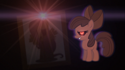 Size: 1366x768 | Tagged: safe, artist:pupster0071, apple bloom, fluttershy, earth pony, pegasus, pony, g4, creepybloom, creepypasta, evil, female, filly, flutter island, picture frame, smiling, zalgo