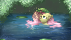 Size: 1920x1080 | Tagged: safe, artist:cottonaime, fluttershy, pegasus, pony, g4, lilypad, looking up, solo, water