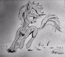 Size: 3664x3215 | Tagged: safe, artist:kinderdernacht987, oc, oc only, oc:velvet remedy, pony, unicorn, fallout equestria, galloping, glare, high res, monochrome, open mouth, sketch, solo, traditional art, war face