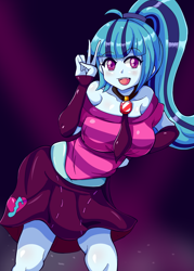 Size: 1500x2100 | Tagged: safe, artist:n00bultima, sonata dusk, equestria girls, g4, my little pony equestria girls: rainbow rocks, big breasts, blushing, breasts, busty sonata dusk, clothes, cute, female, fingerless gloves, gloves, jewelry, looking at you, midriff, necklace, open mouth, peace sign, ponytail, skirt, solo, sonatabetes