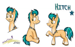 Size: 1280x807 | Tagged: safe, artist:whirlwindflux, hitch trailblazer, earth pony, pony, g5, looking back, male, open mouth, raised hoof, signature, simple background, sitting, stallion, text, white background