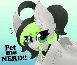 Size: 2164x1825 | Tagged: safe, artist:pegamutt, oc, oc only, oc:bree jetpaw, pegasus, pony, beanbrows, big ears, collar, cowlick, eye clipping through hair, eyebrows, fangs, fluffy, freckles, looking at you, open mouth, pegamutt, pet request, ponytail, solo, spots, text