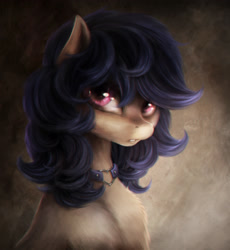 Size: 2290x2490 | Tagged: safe, artist:ventious, oc, oc only, pony, abstract background, blue mane, bust, chiaroscuro, choker, commission, curly mane, heart choker, high res, pink eyes, portrait, solo