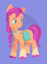 Size: 2048x2732 | Tagged: dead source, safe, artist:vanillavache, sunny starscout, earth pony, pony, g5, badge, bag, blue background, braid, female, high res, looking back, simple background, smiling, solo, sunny's bag, unshorn fetlocks