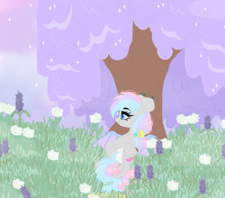 Size: 1590x1400 | Tagged: source needed, safe, artist:sunnlich, oc, oc:dreamyway skies, bat pony, bat pony oc, colored, field, flat colors, flower, lying down, resting, soft color, tree