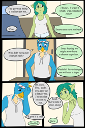 Size: 2000x3000 | Tagged: safe, artist:axelferdinan, artist:beholdervee, gallus, sandbar, earth pony, griffon, anthro, g4, briefs, clothes, collaboration, commission, dialogue, female, half r63 shipping, high res, male, male to female, rule 63, sandbank, ship:gallbank, ship:gallbar, shipping, straight, sweatband, text, transformation, transgender transformation, underwear