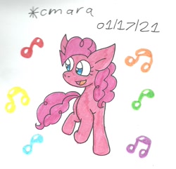 Size: 1059x1020 | Tagged: safe, artist:cmara, pinkie pie, earth pony, pony, g4, female, mare, music notes, open mouth, raised hoof, raised leg, simple background, singing, solo, traditional art, white background